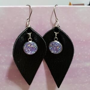 Black faux leather earrings with purple druzy gems